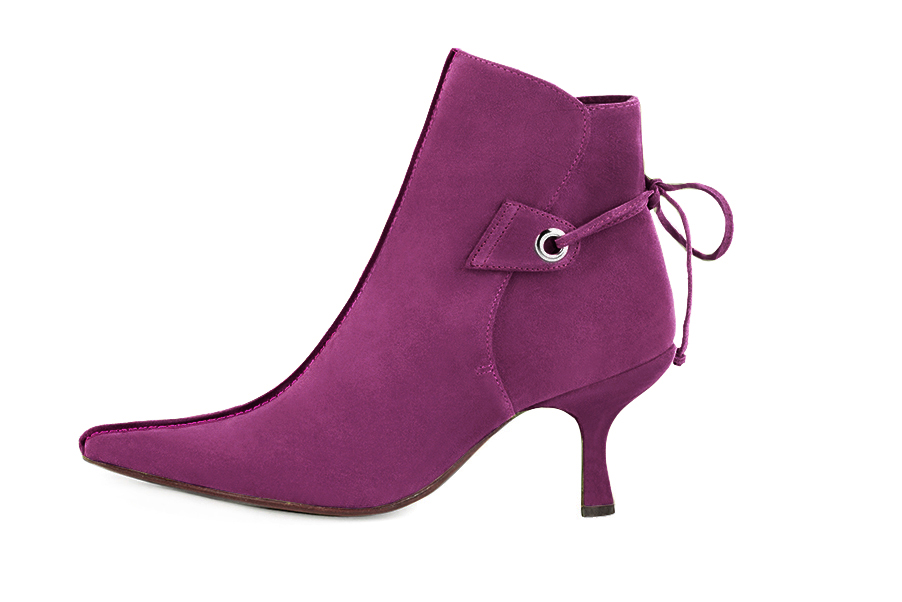 Mulberry purple women's ankle boots with laces at the back. Pointed toe. High slim heel. Profile view - Florence KOOIJMAN